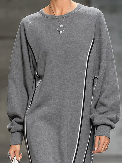 Fashionable Sporty Grey Crew Neck Patchwork Webbing Sweatshirt Midi Dress