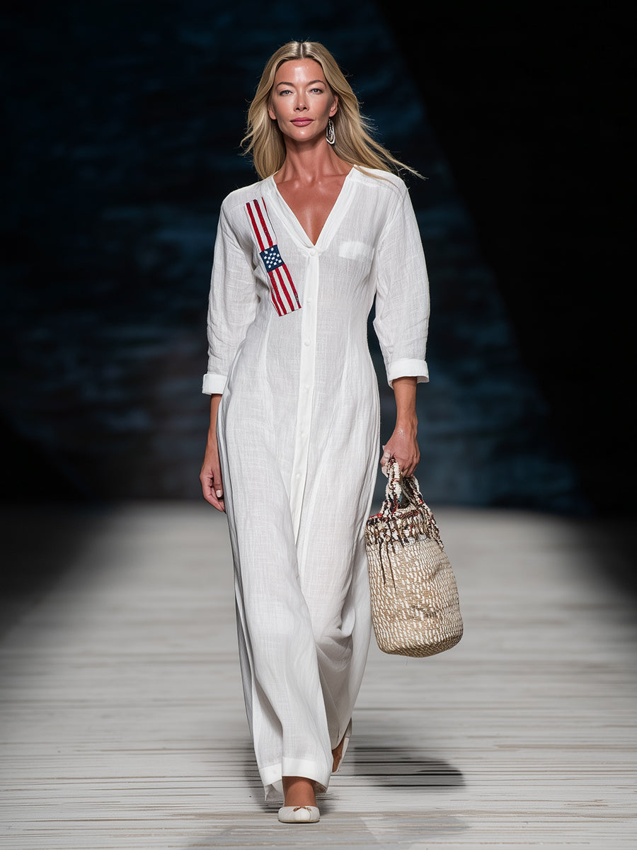 Stylish White Linen V-neck Maxi Dress With American-style Embroidery