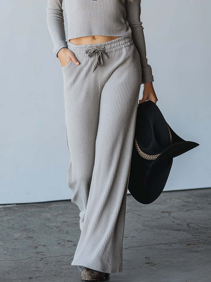 Elegant Retro Sporty Denim Lapel Front Button Gray Knit Top And Pants Set