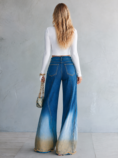 Boho Ombre Dip Dye High Rise Frayed Hem Wide Leg Jeans