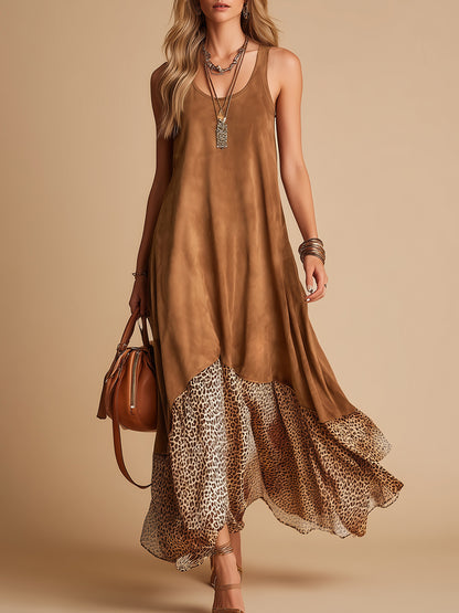 Retro Bohemian Western Style Sleeveless Faux Suede Midi Dress