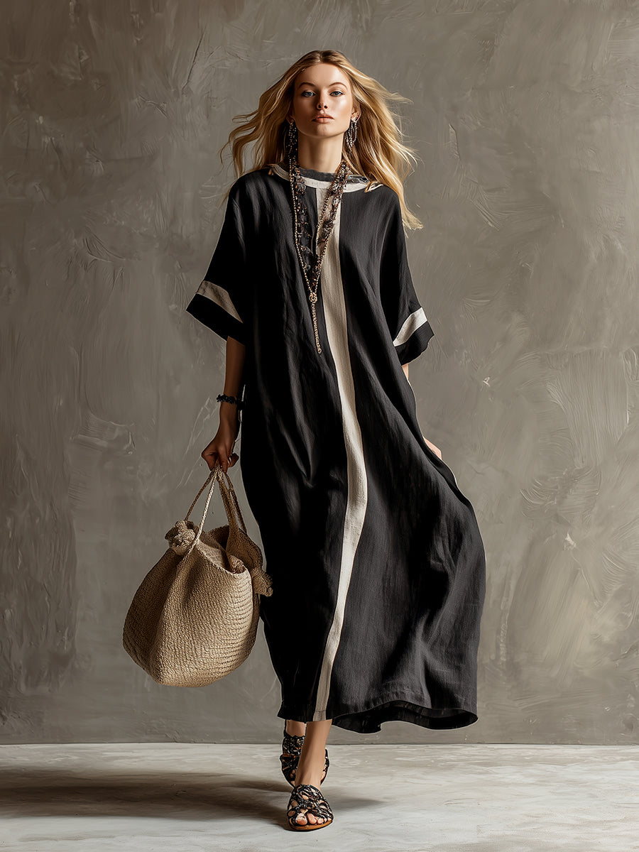 Stylish Urban Patchwork Black Cotton And Linen Short-sleeved Maxi Dress