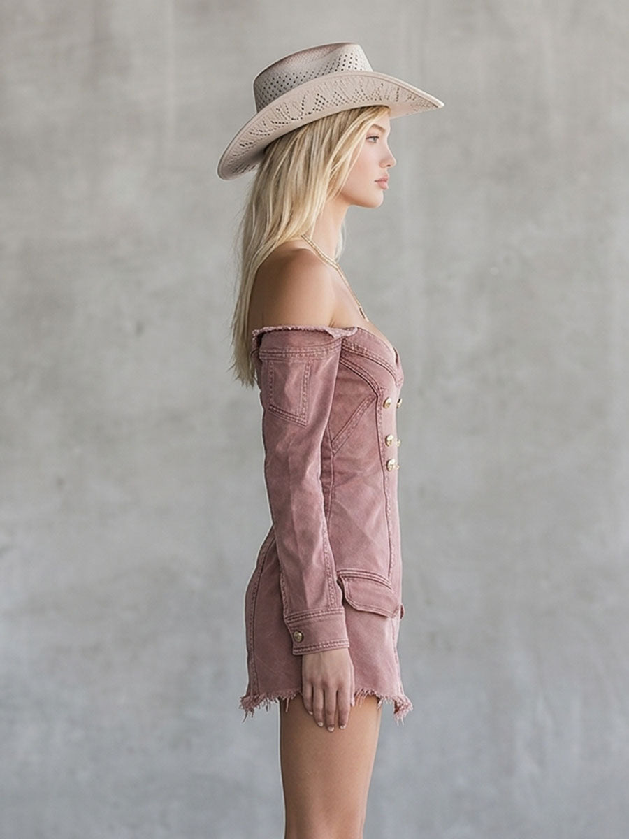 Off-Shoulder Double-Breasted Distressed Denim Dress – Fitted Frayed-Hem Mini