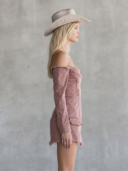 Off-Shoulder Double-Breasted Distressed Denim Dress – Fitted Frayed-Hem Mini