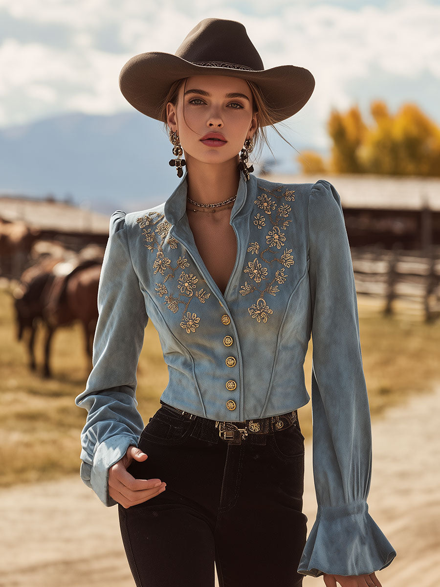 Western-style Vintage Embroidered Blue Button-up Faux Suede Jacket