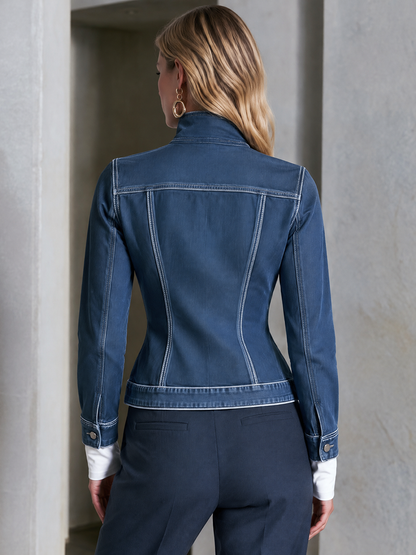Modern Chic Stand Collar Zip Up Contrast Stitch Fitted Denim Jacket