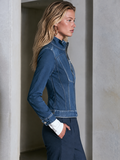 Modern Chic Stand Collar Zip Up Contrast Stitch Fitted Denim Jacket