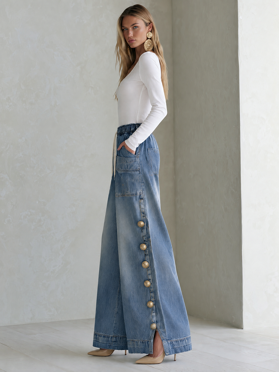 Vintage Chic Drawstring Gold Button Side Slit Wide Leg Jeans