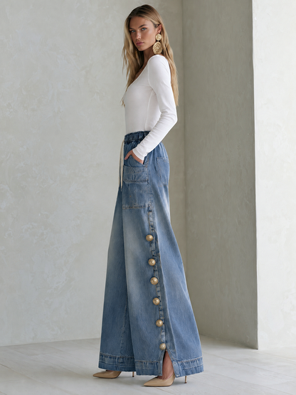 Vintage Chic Drawstring Gold Button Side Slit Wide Leg Jeans