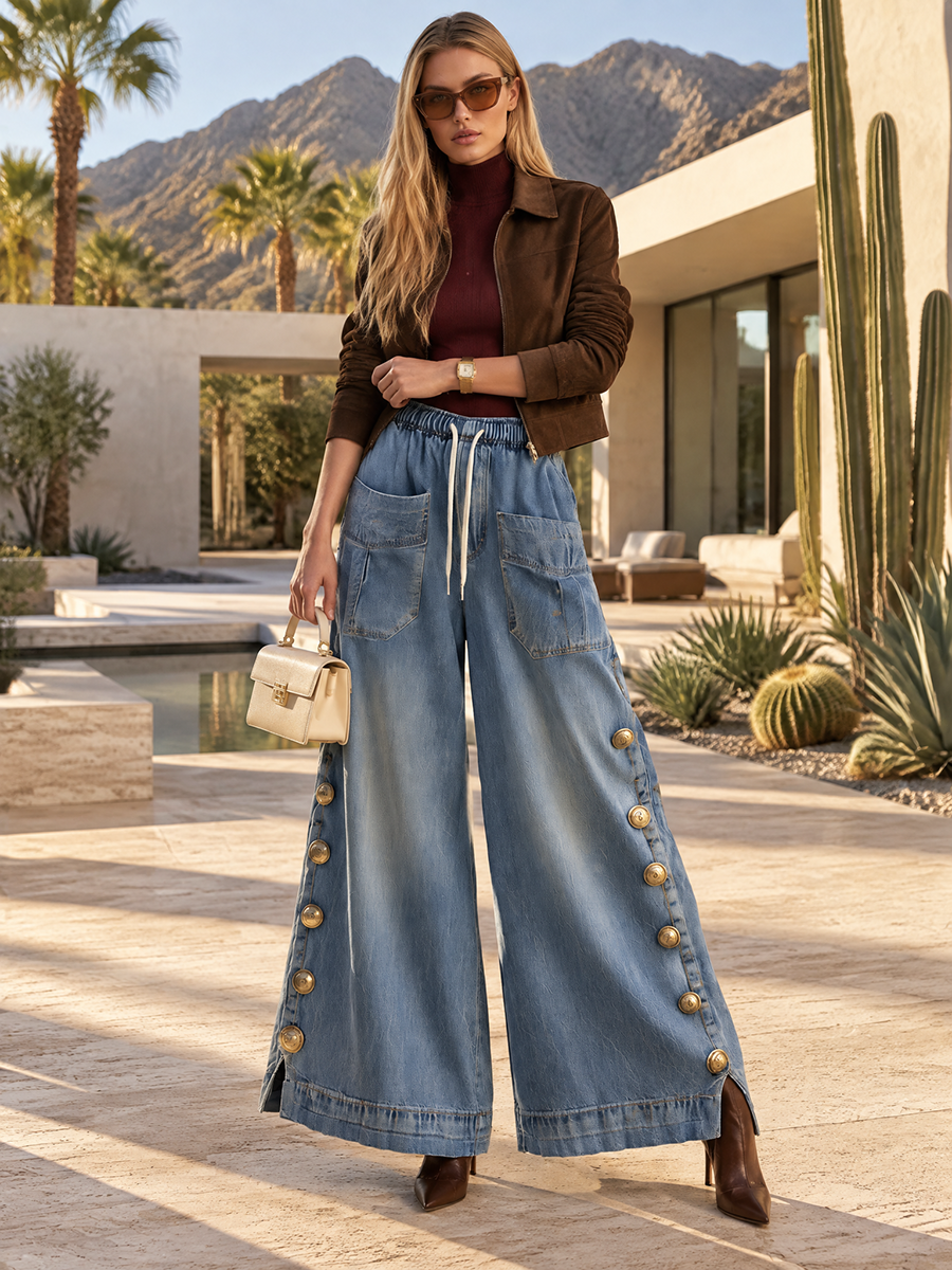 Vintage Chic Drawstring Gold Button Side Slit Wide Leg Jeans