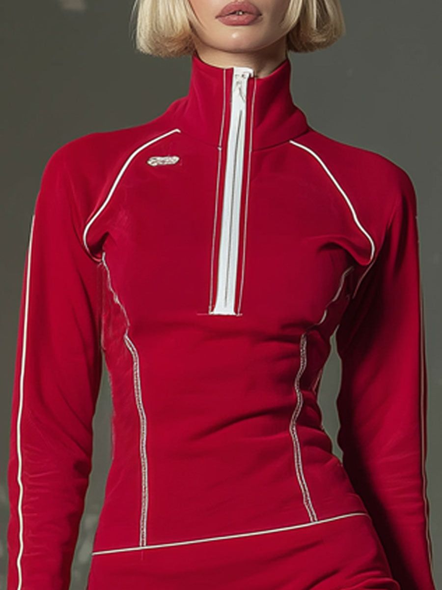 Sporty Stand Collar Zip-up Contrasting Trim Long-sleeved Mini Dress