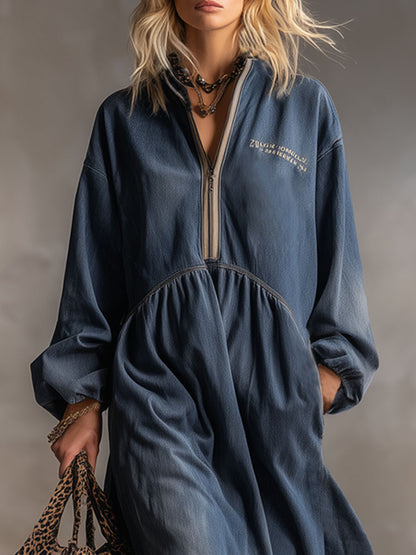 Retro Stand-up Collar Zipper Letter Embroidery Washed Denim Midi Dress