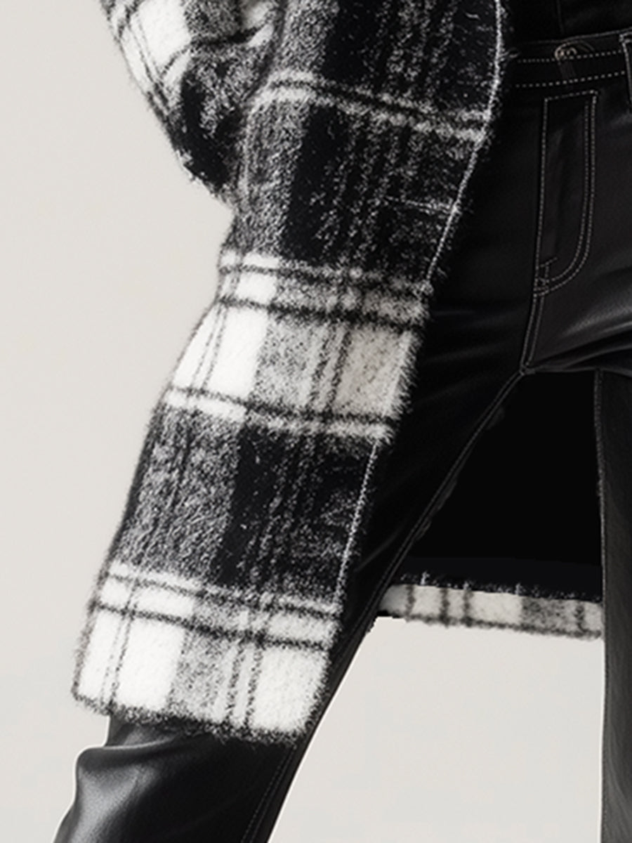 Retro Fashion Gradient Black And White Plaid Woolen Coat