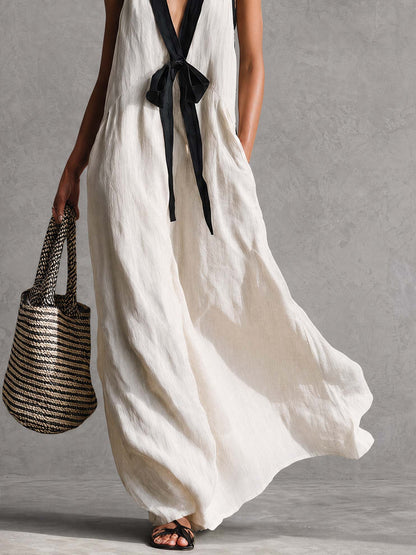 Bohemian Style White And Black Color Blocked Sleeveless V-neck Maxi Dress