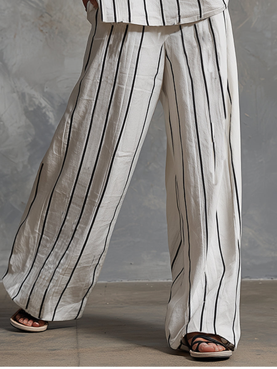 Classic Striped White Cotton Sleeveless Top And Wide-leg Pants Set