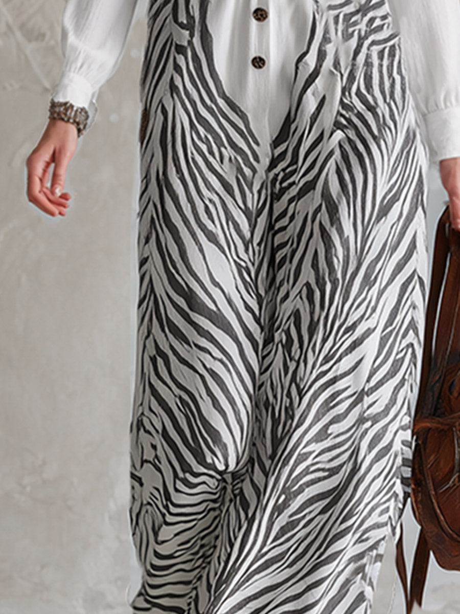 Chic Urban White Zebra-Print Long-Sleeve Wide-Leg Jumpsuit