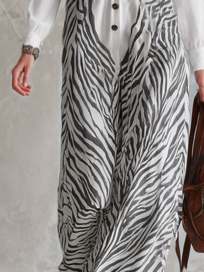Chic Urban White Zebra-Print Long-Sleeve Wide-Leg Jumpsuit