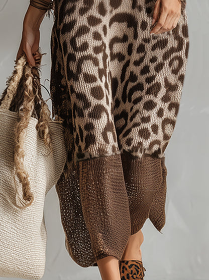 Elegant Brown Leopard Print Mesh Breathable Knit Sleeveless Maxi Dress