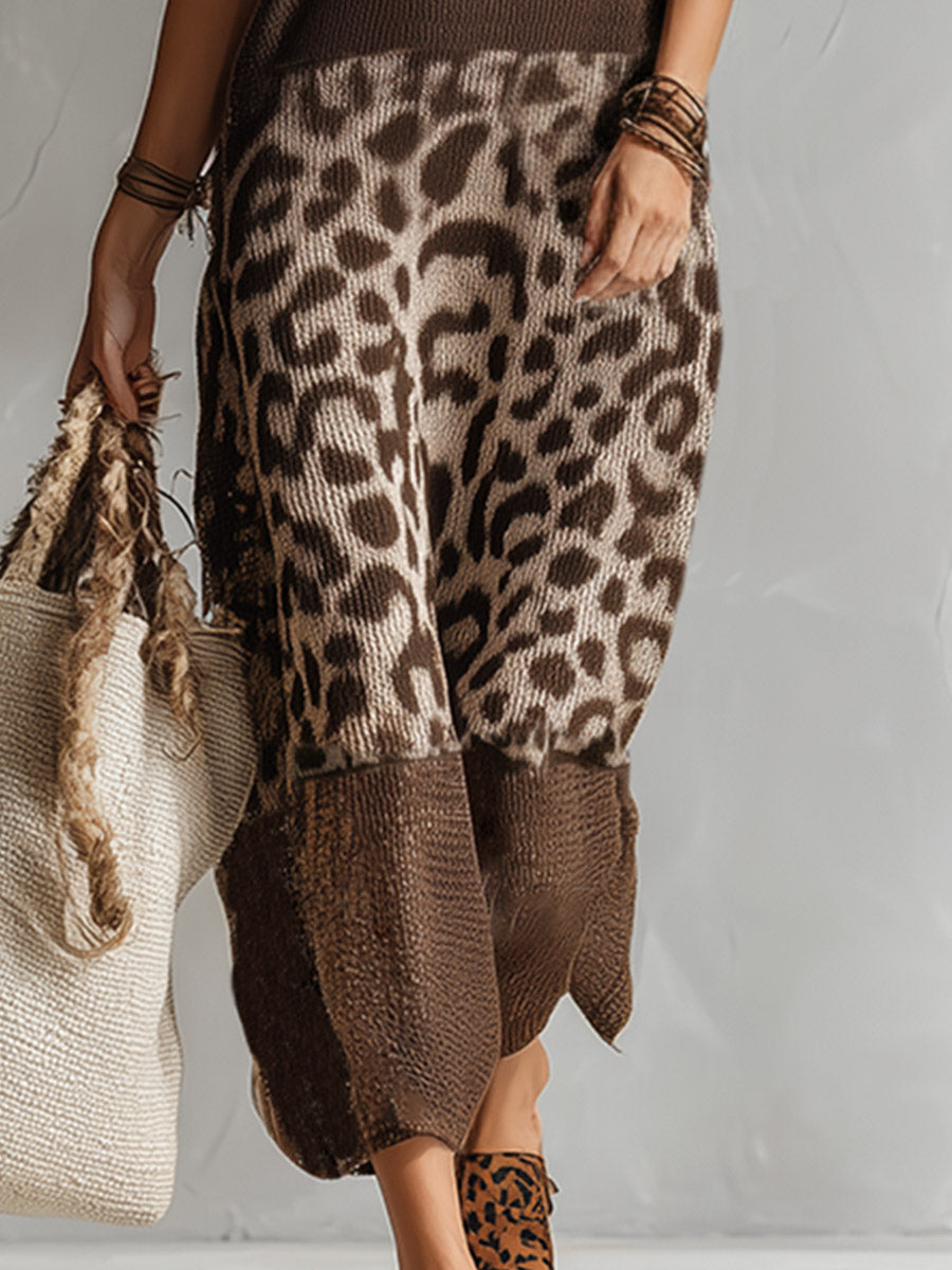 Elegant Brown Leopard Print Mesh Breathable Knit Sleeveless Maxi Dress