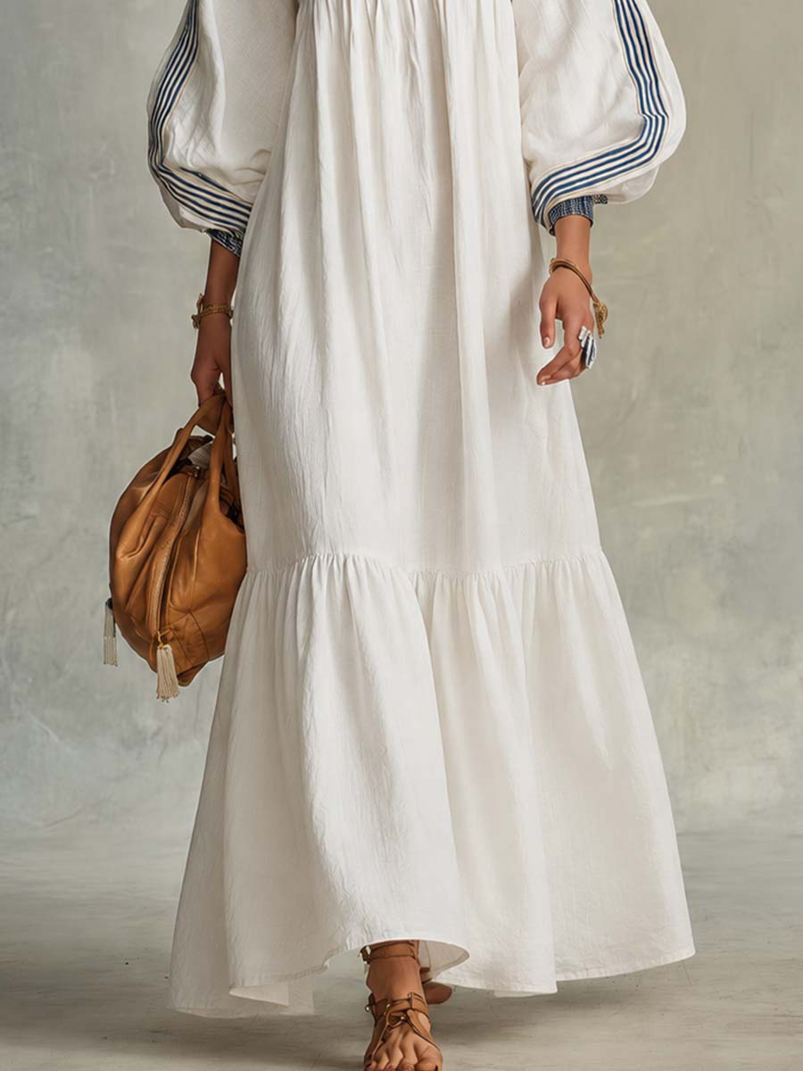 Coastal Striped-Trim Cotton-Linen Square-Neck Puff-Sleeve Babydoll Maxi Dress
