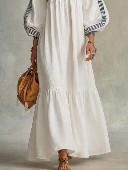 Coastal Striped-Trim Cotton-Linen Square-Neck Puff-Sleeve Babydoll Maxi Dress