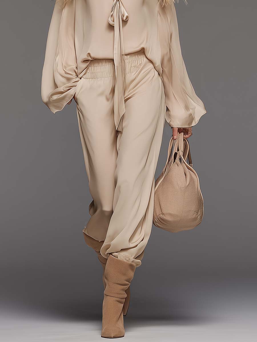 Elegant Flowing Versatile Tie-front V-neck Flared Sleeves Beige Chiffon Blouse And Pants Set