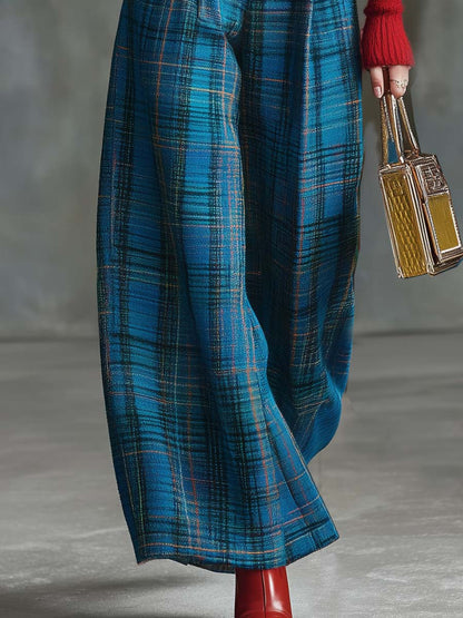 Vintage Fashion Versatile Blue Plaid Wide-leg Pants