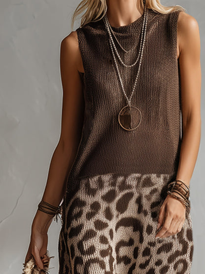 Elegant Brown Leopard Print Mesh Breathable Knit Sleeveless Maxi Dress