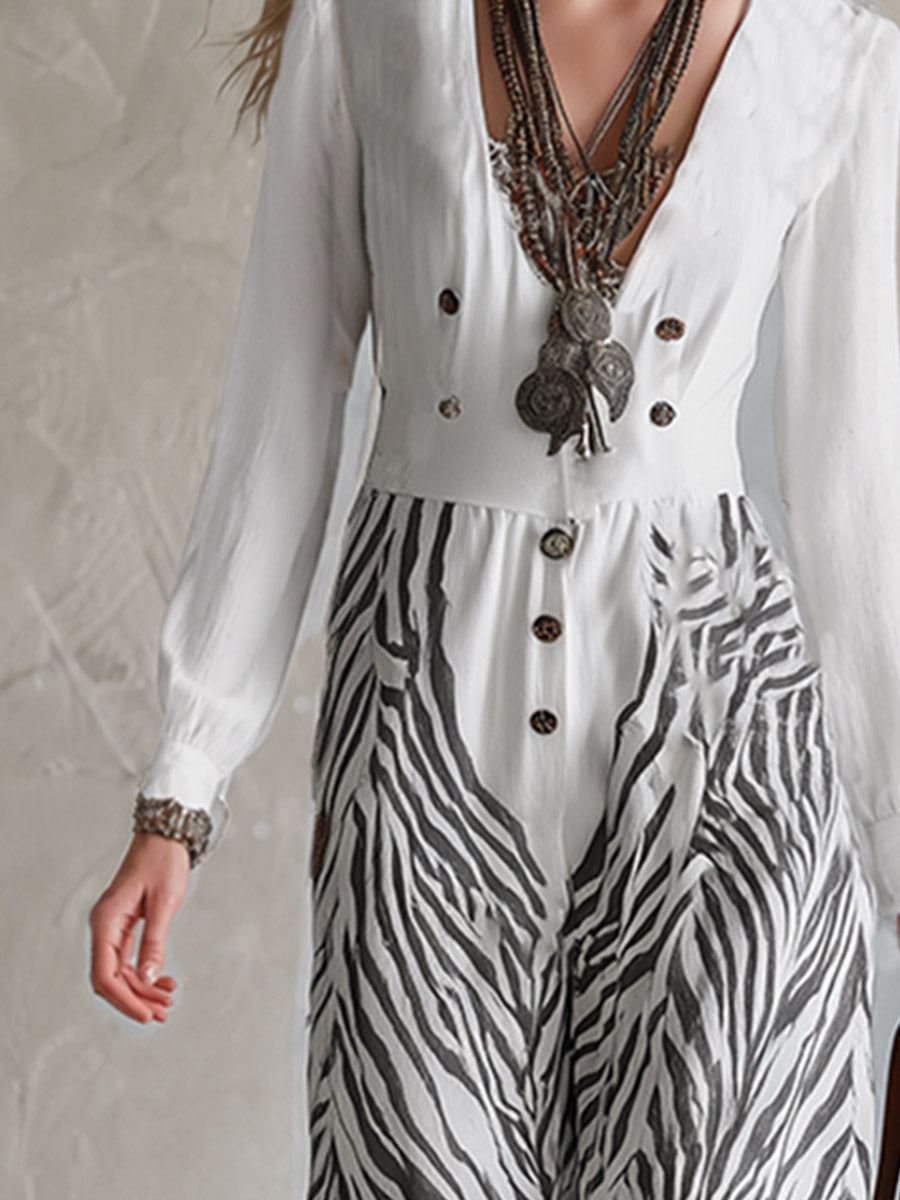 Chic Urban White Zebra-Print Long-Sleeve Wide-Leg Jumpsuit