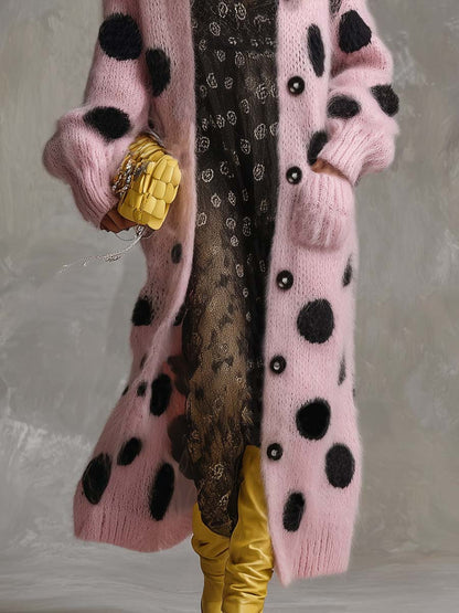 Vintage Fashion Lazy Front Button Black Polka Dot Pink Imitation Rabbit Fur Knitted Long-sleeved Cardigan