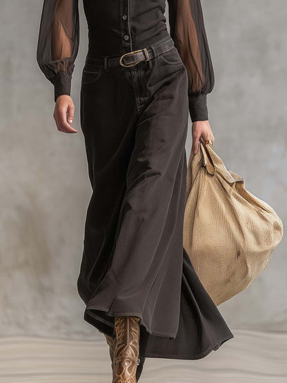 dark denim maxi dress Easel OVERSIZED Tiered Maxi Dress in Dark Denim M