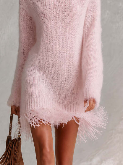 Boho Light Pink Fuzzy Mohair-Style Fringe Hem Turtleneck Mini Sweater Dress
