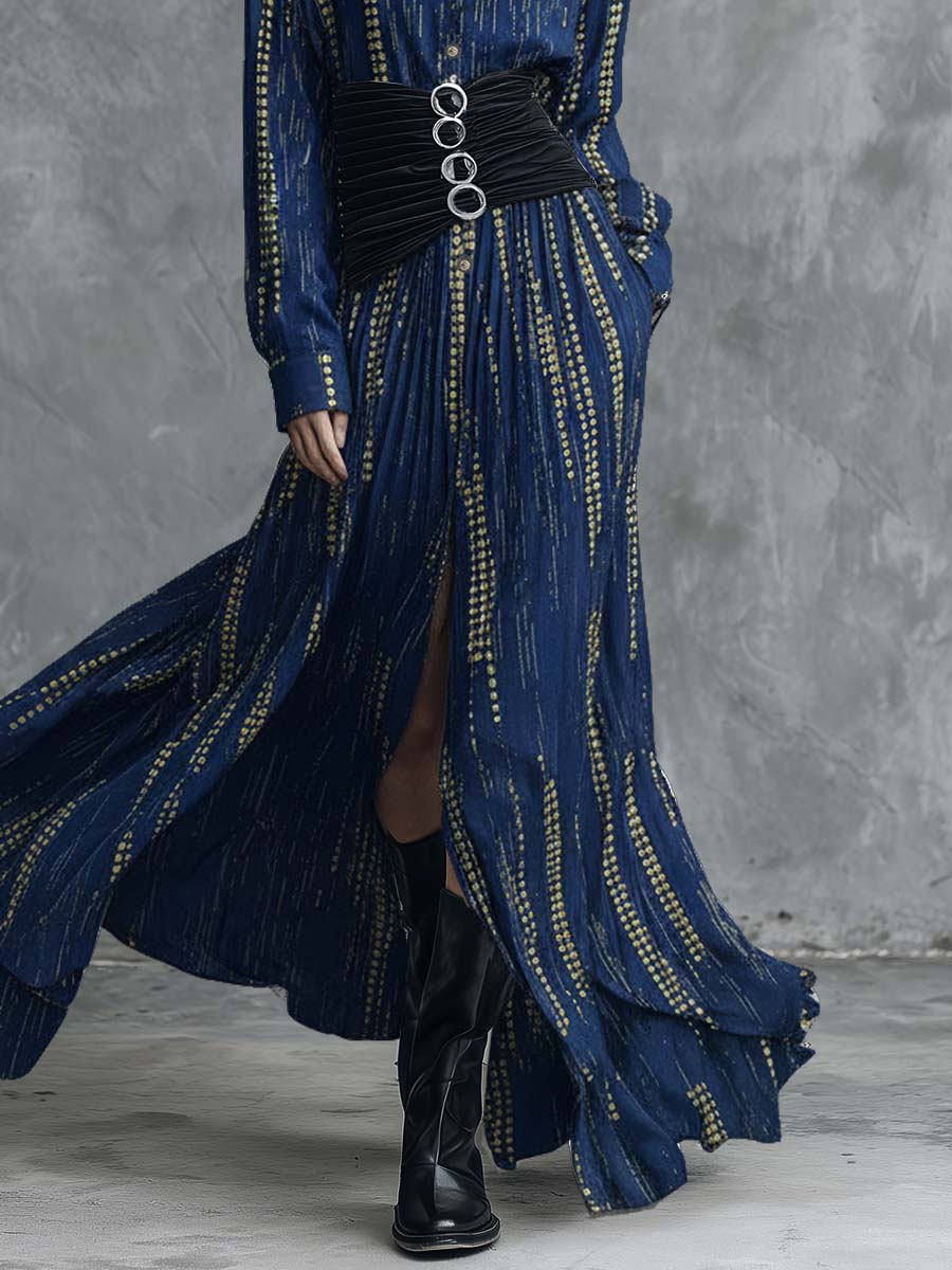 Retro Fashion Gold Polka Dot Pattern Blue Tencel Denim Shirt Style Maxi Dress