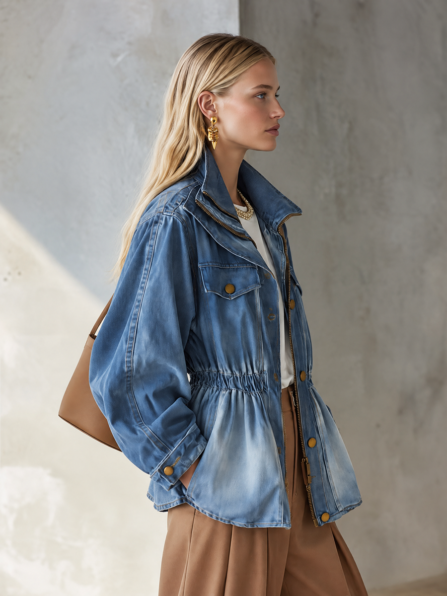 Vintage Utility Faded Wash Cinched Waist Zip Up Peplum Denim Jacket