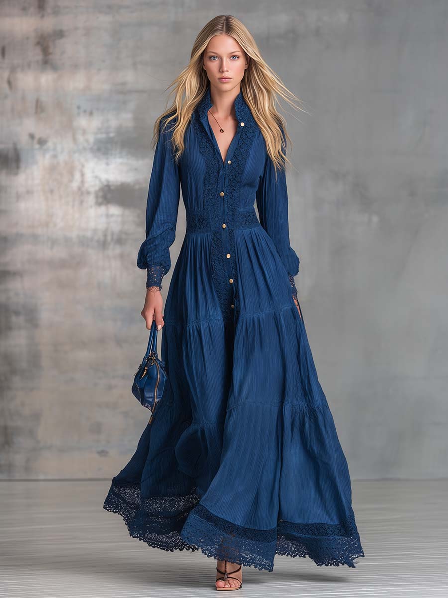 Elegant Vintage Western Front-button Lapel Lace-trimmed Dark Blue Cotton Maxi Dress