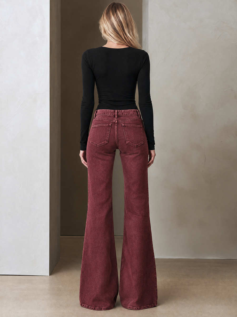 Retro Boho Burgundy Leopard Print Studded Pocket Low Rise Flare Jeans
