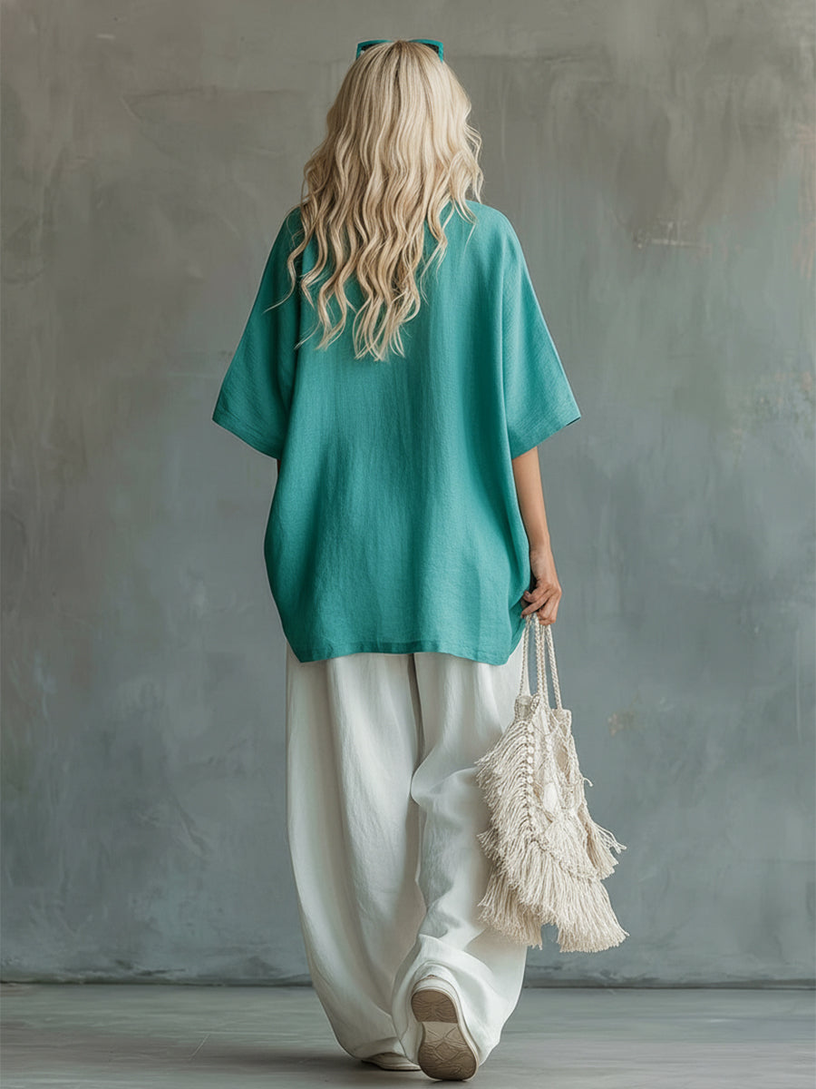 Urban Casual Light Blue-green T-shirt And White Wide-leg Pants Cotton And Linen Set