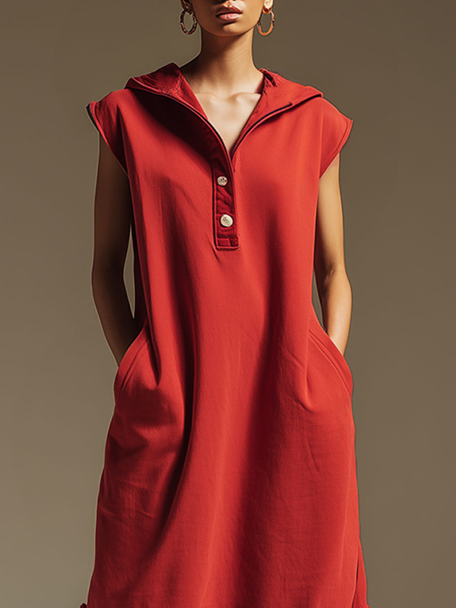 Sporty Retro Lace Ruffled Red Cotton Sleeveless Hooded Midi Dress