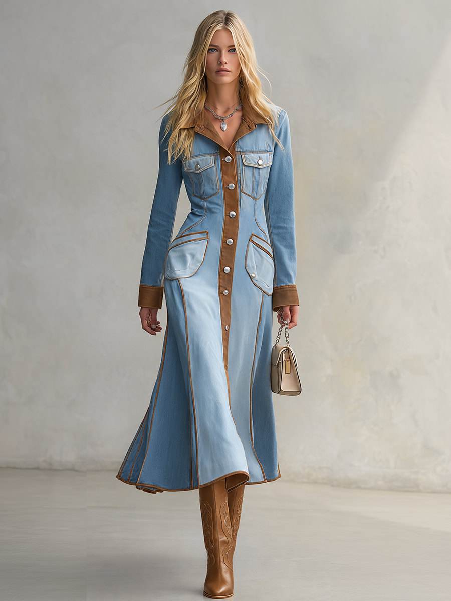 Western Chic Two Tone Contrast Trim Button Front Denim Maxi Dress