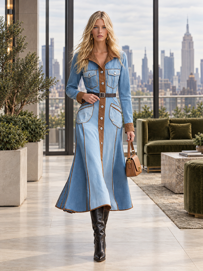 Western Chic Two Tone Contrast Trim Button Front Denim Maxi Dress