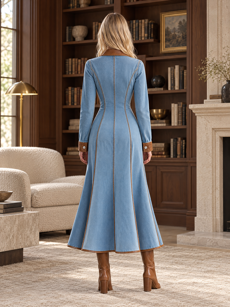 Western Chic Two Tone Contrast Trim Button Front Denim Maxi Dress