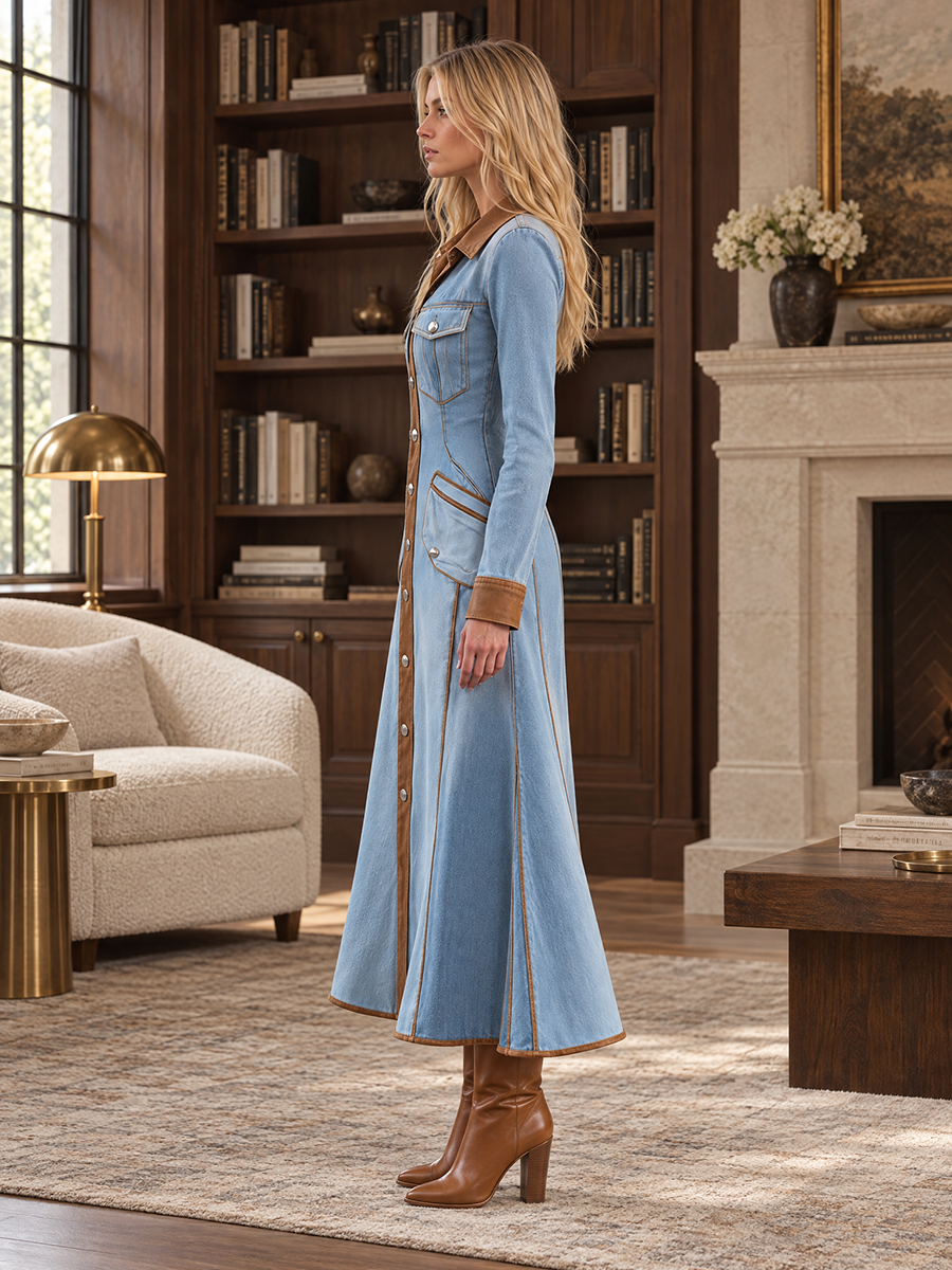Western Chic Two Tone Contrast Trim Button Front Denim Maxi Dress