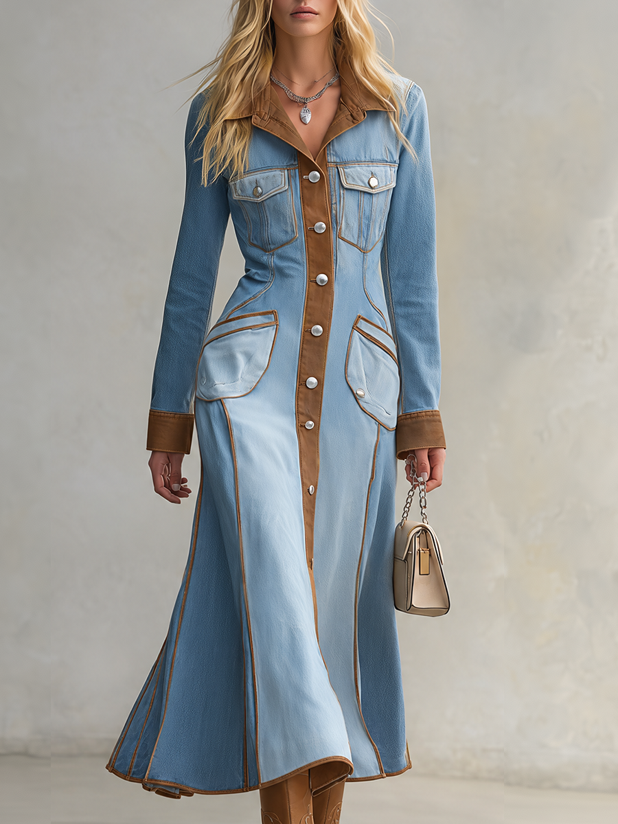 Western Chic Two Tone Contrast Trim Button Front Denim Maxi Dress