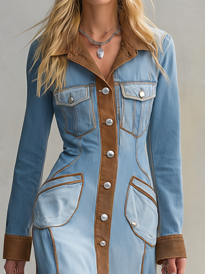 Western Chic Two Tone Contrast Trim Button Front Denim Maxi Dress