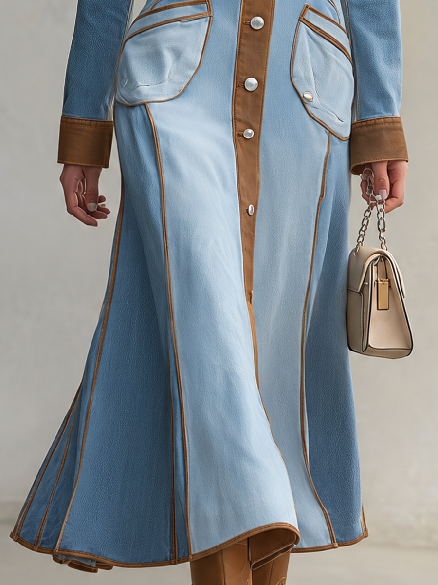 Western Chic Two Tone Contrast Trim Button Front Denim Maxi Dress