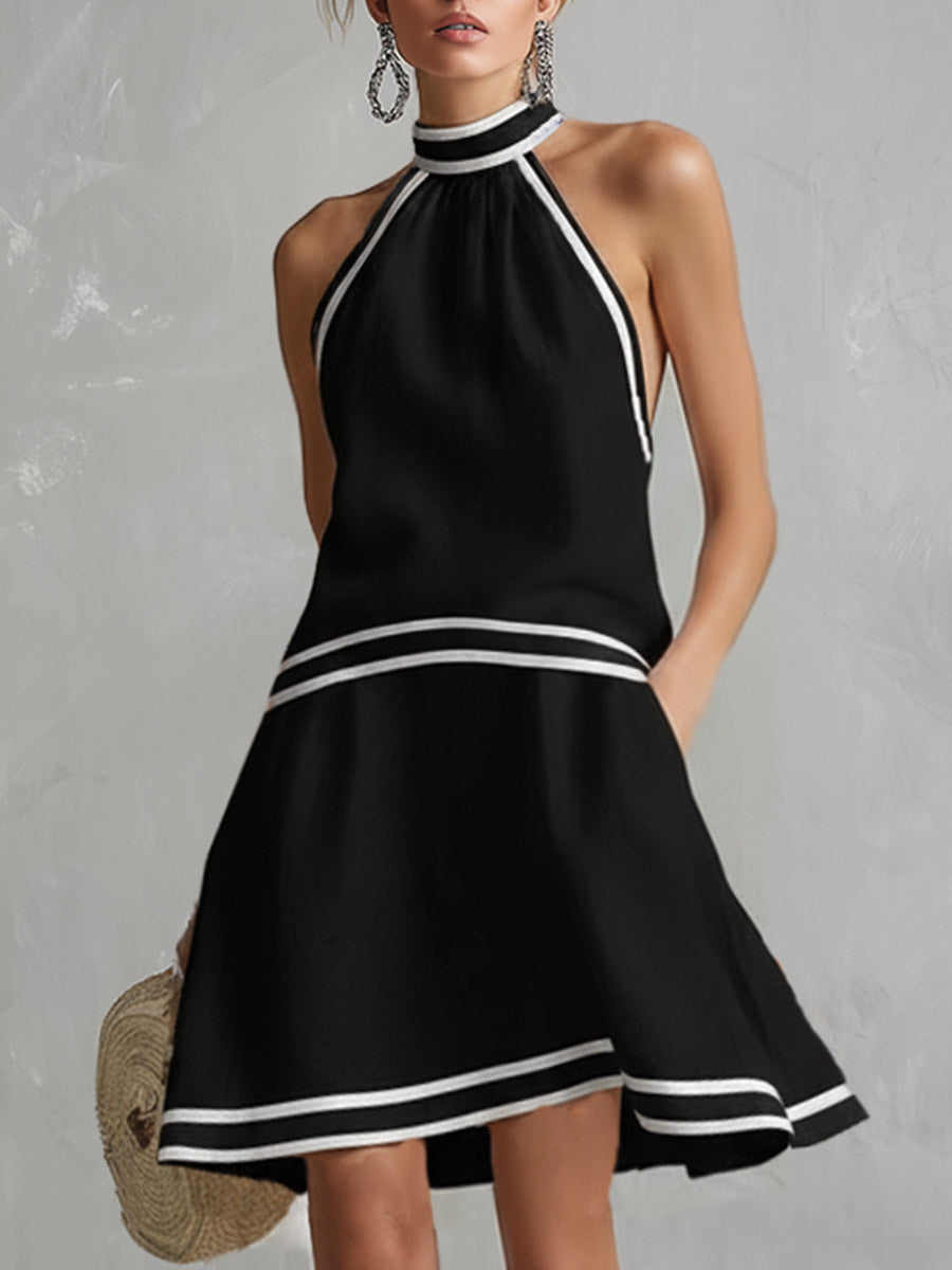 Elegant Color-Block Trim Orange Cotton-Linen Halter Sleeveless Mini Dress