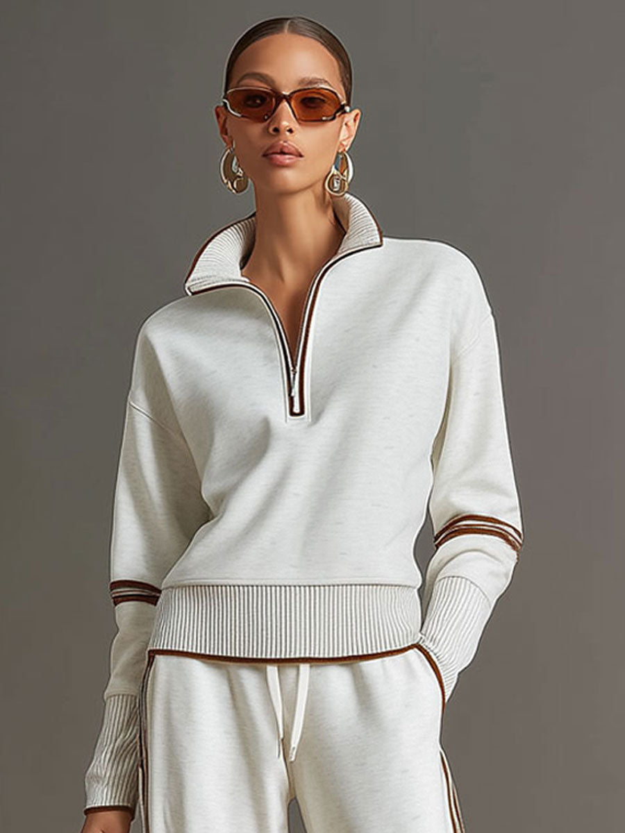 Retro Sporty Webbing Grey-white Half-zip Sweatshirt And Wide-leg Pants Set