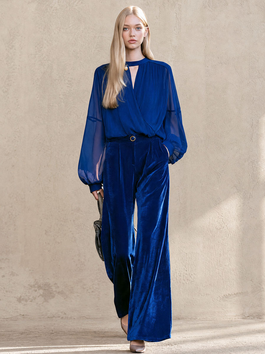 Retro-elegant Royal Blue Chiffon Blouse And Velvet Wide-leg Trousers Set