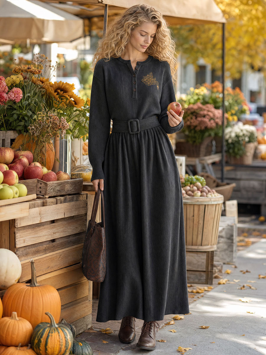 Vintage Elegant Embroidered Grey Henley Collar Belted Knit Maxi Dress