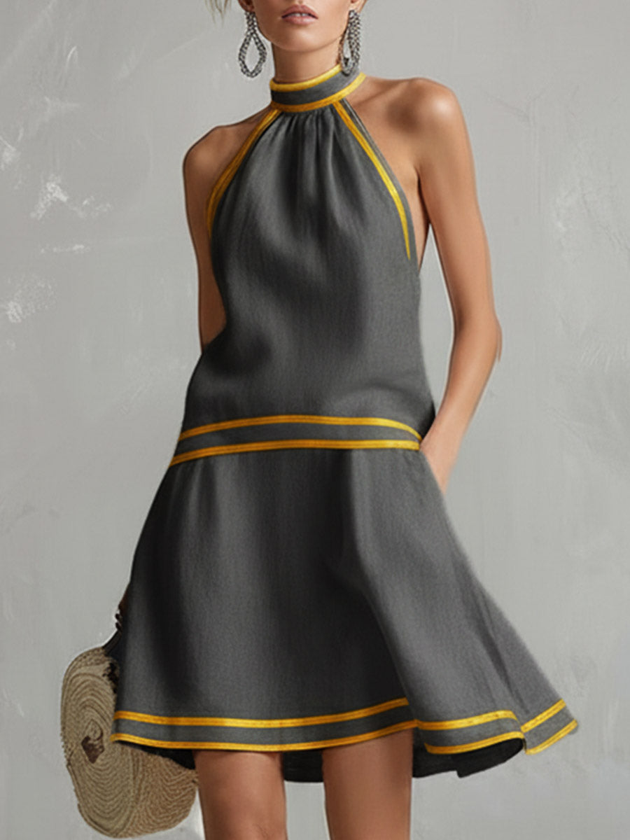 Elegant Color-Block Trim Orange Cotton-Linen Halter Sleeveless Mini Dress